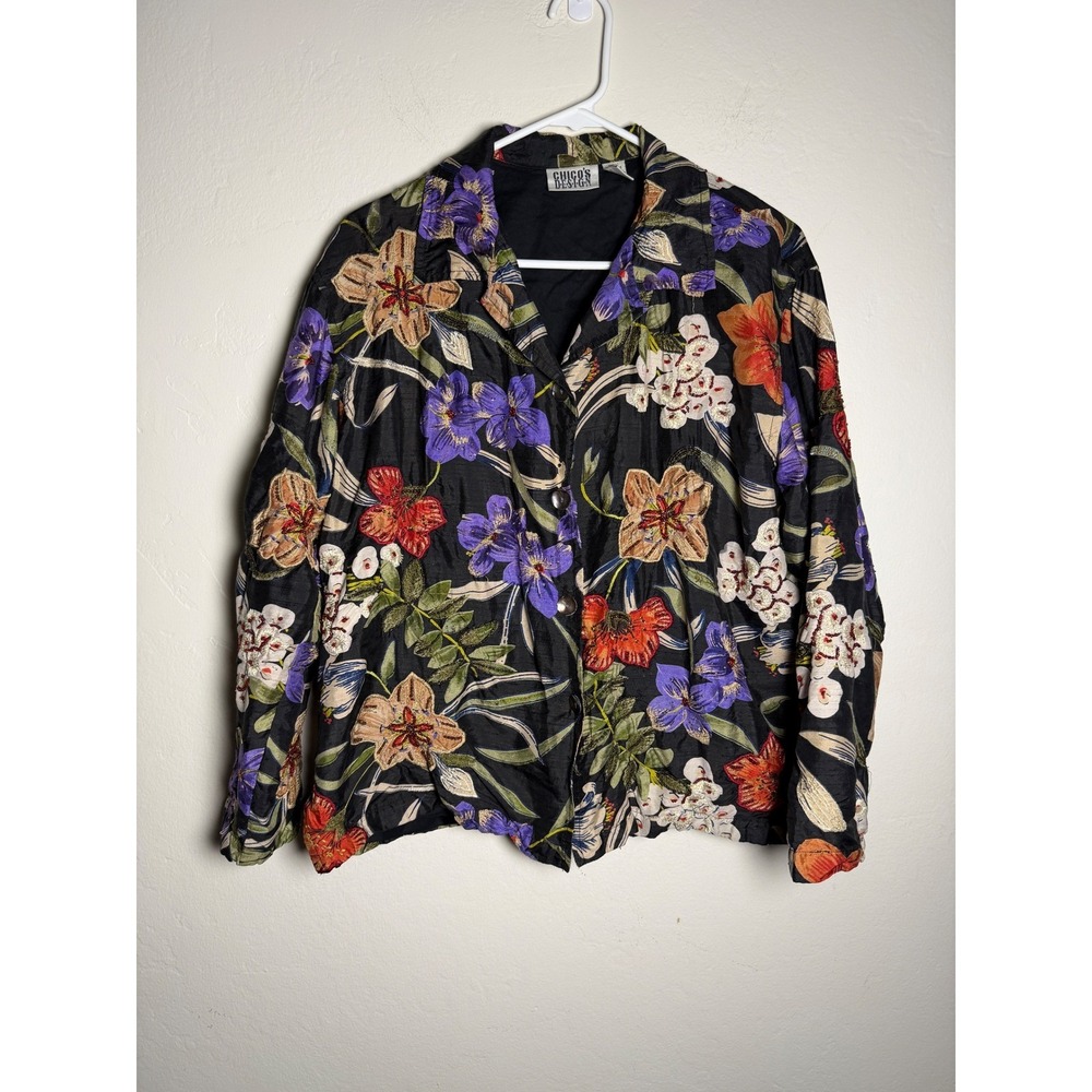 Chicos Design Black Floral Embroidered Silk Jacket Women's Size 2